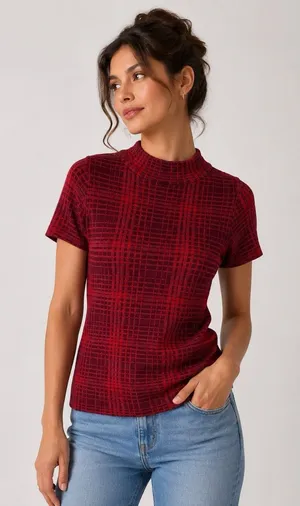 Field Flower‎ Red Textured Grid Knit Mock Neck Short Sleeve Top Womens Small thumbnail 1