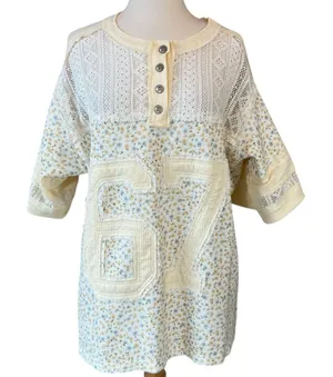 POL Number Floral Crochet Button Detail Half Sleeve Top thumbnail 1