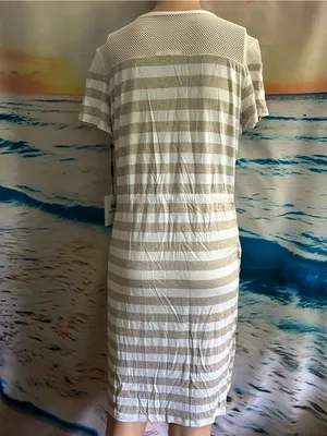 Calvin Klein Beige & White Striped Knit Dress with Mesh Yoke SZ 8 NWT thumbnail 2