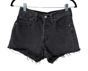 Levis 501‎ Denim Jean Shorts Women 26 Off Black Button Fly Distressed Cut Off thumbnail 1