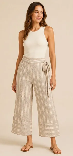 Lost + Wander Tan White Striped Wide Leg Cropped Pants Side Tie Small thumbnail 1