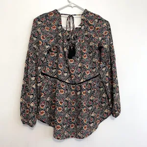 KNOX ROSE Smocked Floral Tie Back Top Black Etc Boho Long Sleeve Peasant Blouse thumbnail 13