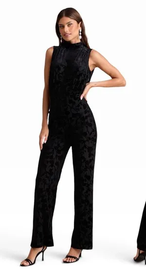 Lulus Micola Black Velvet Jacquard Mock Neck Jumpsuit size Large NWT thumbnail 1