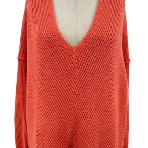 Free People La Brea Sweater V-Neck Ribbed Cuffed‎ Sleeve Coral Orange Size Large thumbnail 5