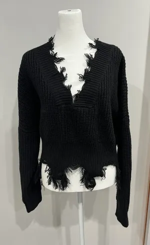 HERA COLLECTION Black Distressed V Neck Sweater Long Sleeve Raw Hem‎ Casual thumbnail 1