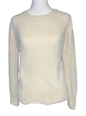 Altar'd State Cream‎ Chenille Knit Crew Neck Sweater Large Ivory Fuzzy Pullover thumbnail 1