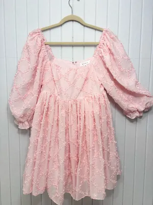 Mable Ribbon Textured Puff Sleeve Babydoll Mini Dress In Baby Pink‎ Size M thumbnail 4