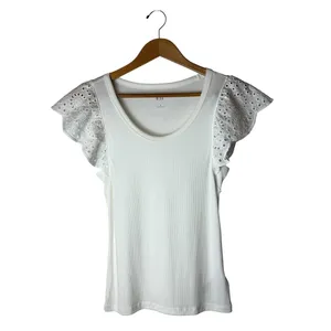 Gap Ribbed Baby Tee Women Small White NWT Eyelet Flutter Sleeve Boho Preppy thumbnail 2