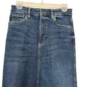 Zara Women’s Stretch Denim Maxi Skirt Blue Dark Wash Raw Hem Size S thumbnail 2