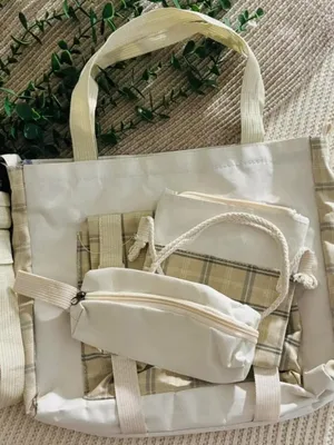 Cottagecore Cream Plaid Multi Piece Tote Set Canvas Buckle Bag thumbnail 1
