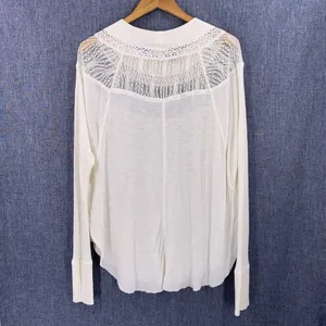 Free People Spring Valley Ivory Waffle Knit Lace Neck Long Sleeve Top Size Small thumbnail 6