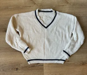 Cream Ribbed V Neck Sweater with Navy Blue Trim thumbnail 1