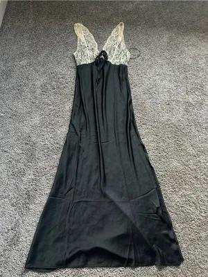Black Satin Maxi Dress with Cream Lace Bodice thumbnail 3