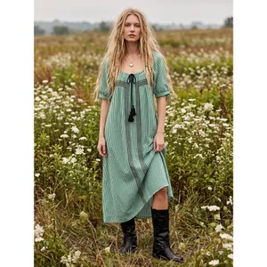 Free People Bohemian Embroidered Gingham Seersucker Cass Maxi Dress Green Small thumbnail 15