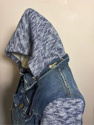 Free People Distressed Denim Jean Jacket W/ Knit Sleeves & Hood thumbnail 6