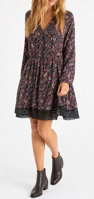 Natural Life Ditsy Floral Shirt Dress M Cottage Crochet Lace Trim Pockets Swing thumbnail 1
