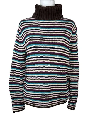 Striped Chunky Knit Turtleneck Sweater Earthy Rolled‎ Edges Cottage Casual Sz M thumbnail 1