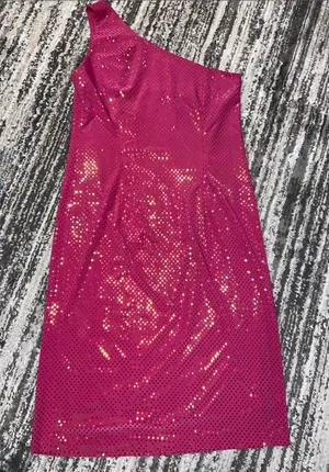 Y2K one shoulder, pink hologram sequin dress thumbnail 1