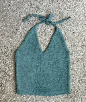 Gymshark x Whitney Simmons Eyelash Fuzzy Teal Halter Top with Tie Neck thumbnail 1
