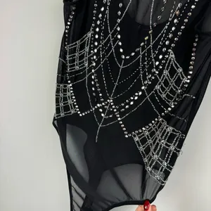 BKE Black Sheer Mesh Bodysuit Sz Large Embellished Jewel Rhinestone Y2K thumbnail 7