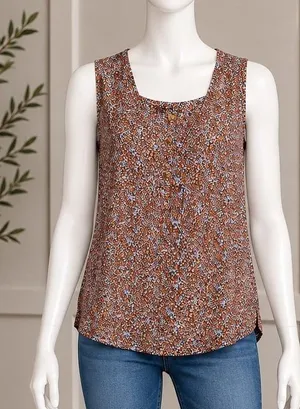 LOFT Women Sleeveless Blouse Orange Blue Ditsy Floral Split Neck Top Size Medium thumbnail 1