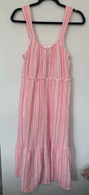 100% Cotton Women's Sleeveless Striped Doublecloth Tiered Midi Dress thumbnail 1