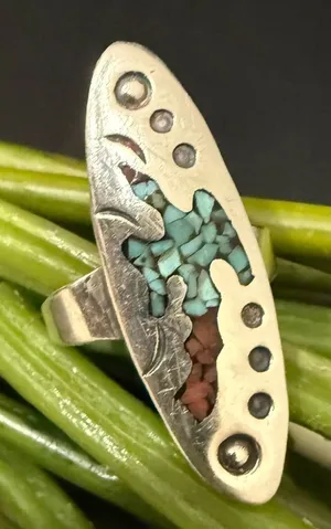Vintage Sterling Silver Native American Turquoise Coral Chips Peyote Bird Ring 7 thumbnail 1