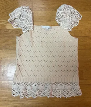 Flat White Crochet Lace Coastal Cowgirl Bohemian Fisherman Flutter Sleeve Top S thumbnail 1