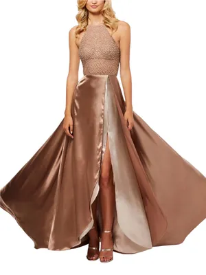 Sherri Hill 52570 Beaded Rhinestone Satin Layered Halter Gown 0 in Mocha thumbnail 1