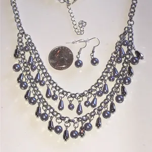 Silver Tone Light Purple Bead Multi-Strand Necklace & Earrings Set thumbnail 5