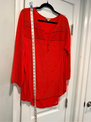 Lucky Brand Size XL Red Lace Boho Tunic Blouse 3/4 Sleeve Floral Peasant Top thumbnail 7