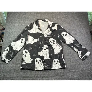 Black Ghost Print Pajama Set Women Large Long Sleeve Button Down Halloween PJs thumbnail 2