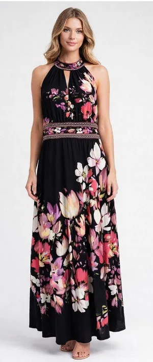 Wisp Floral Halter Maxi Dress Black Pink Purple Size‎ 6 Butterfly Whimsigoth thumbnail 1