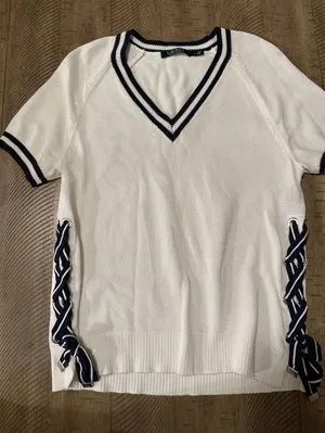Lauren Ralph Lauren Short Sleeve V-Neck Tennis Sweater Lace-Up Sides White Navy thumbnail 1