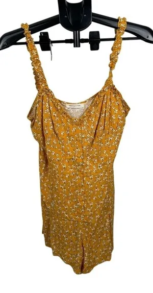 Urban Outfitters Mustard Floral Romper Ruffle Strap Button‎ Front Cottagecore M thumbnail 1