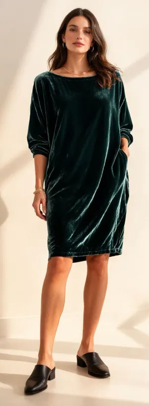 Eileen Fisher Emerald Green Silk Velvet Cocoon Dress L Oversized thumbnail 1