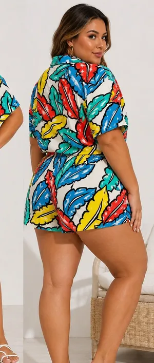 Plus Size Multicolor Leaf Print Swim Cover thumbnail 1