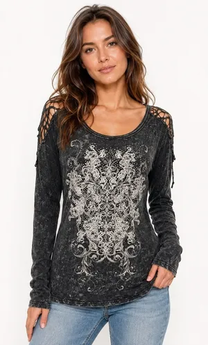 Maurices Silver Top Large Black Mineral Wash Crochet Lace Scroll Rhinestone L thumbnail 1