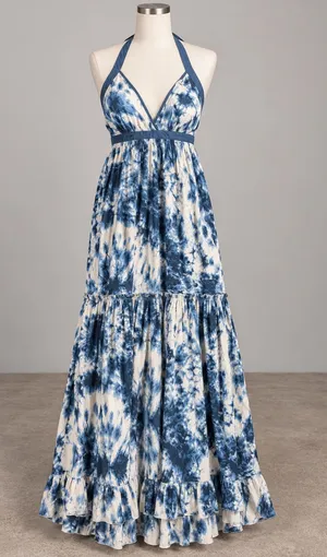 Moda International XS Blue White Tie Dye Halter Maxi Dress 100% Cotton thumbnail 1
