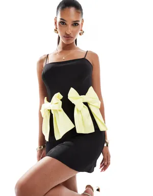 ASOS mini black dress with yellow bows thumbnail 1