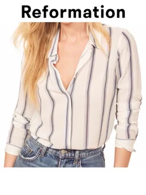 Reformation White Button-Down Shirt with Navy Stripes thumbnail 2