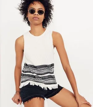 Madewell Villagrove Sweater Tank in Bright Ivory Large Aztec boho fringe thumbnail 1