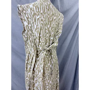 MIRTH‎ Olive Block Print Cotton Midi Dress Kantha Stitch Integrated Belt L thumbnail 15