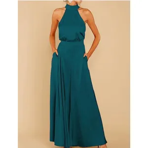 NEW Satin Sleeveless Halter Jumpsuit Pockets Wide Leg L thumbnail 7