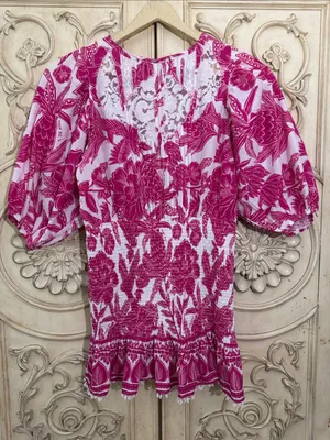 Farm Rio Tropical Woodcut Dress Pink Floral Appliqué Lace Resort Wear Smocked L thumbnail 3
