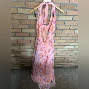 Amanda Uprichard Estella Maxi Dress Pink Tie Back Butterfly Ruffled Gown Size L thumbnail 4