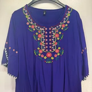 Ashir Aley Blue Embroidered Floral Boho Flowy Short Sleeve Top Size Large thumbnail 3