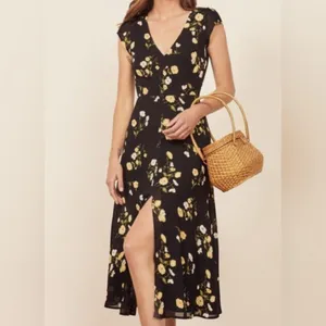 REFORMATION Black Floral Print WELLFLEET V-Neck Cutout Back Midi Dress thumbnail 5
