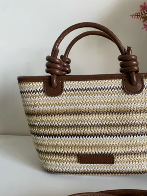 Women’s stylish beige brown handwoven Straw Fabric Tote crossbody shoulder Bag thumbnail 2