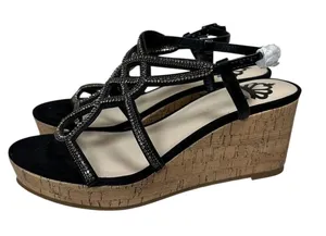 Fergalicious Mimic Wedge Sandals Women 6.5 Black Rhinestone Strappy Platform thumbnail 1